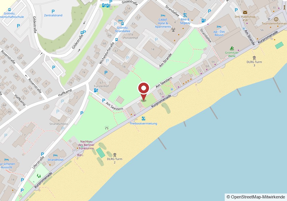 Kartenausschnitt: MB Freizeitsportgeräte an der Kurpromenade in Grömitz, direkt am Strand